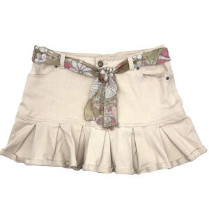 Vintage 00s Y2K Ellemenno Beige Denim Scarf Belt Pleated Micro Skirt Jr 7 30x13"
